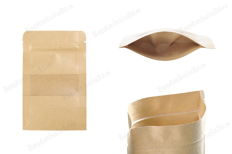 Kraft DoyPack  90x30x140mm kesice sa zip zatvaranjem i prozorom, unutrašnjom i spoljašnjom providnom oblogom, ovalnim dnom i sa mogućnošću termo zatvaranja  – 100kom-slika_proizvoda