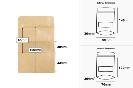 Kraft DoyPack  90x30x140mm kesice sa zip zatvaranjem i prozorom, unutrašnjom i spoljašnjom providnom oblogom, ovalnim dnom i sa mogućnošću termo zatvaranja  – 100kom-dimenzije_slike