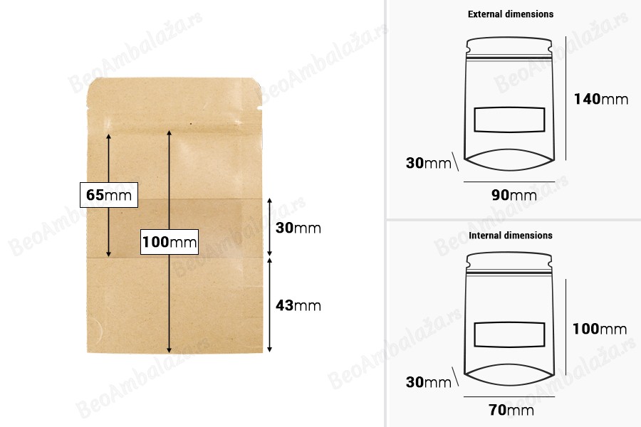 Kraft DoyPack  90x30x140mm kesice sa zip zatvaranjem i prozorom, unutrašnjom i spoljašnjom providnom oblogom, ovalnim dnom i sa mogućnošću termo zatvaranja  – 100kom-dimenzije_slike