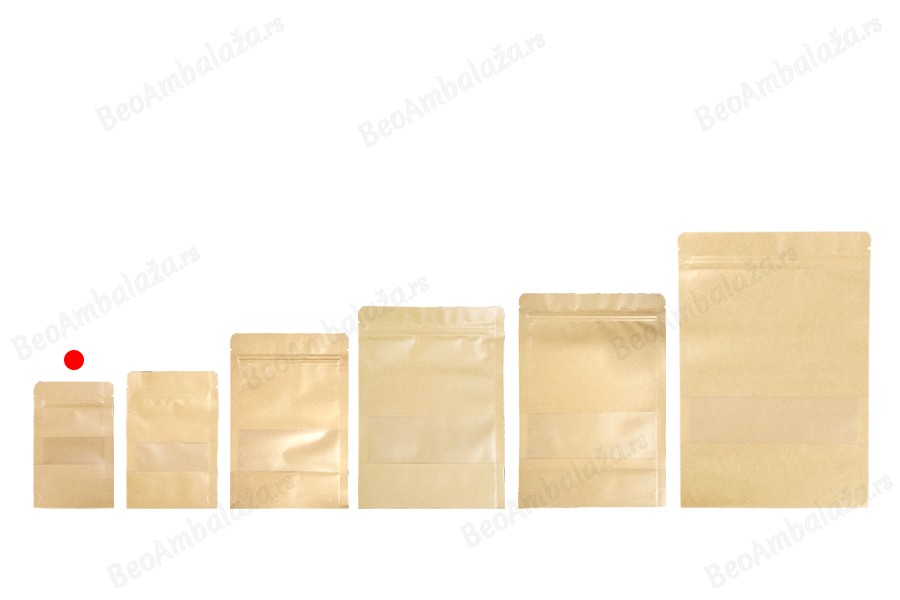 Kraft DoyPack  90x30x140mm kesice sa zip zatvaranjem i prozorom, unutrašnjom i spoljašnjom providnom oblogom, ovalnim dnom i sa mogućnošću termo zatvaranja  – 100kom-grupa_slika