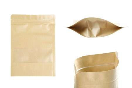 Kraft DoyPack kesice 160x40x220mm sa zip zatvaranjem i prozorom, unutrašnjom i spoljašnjom providnom oblogom, ovalnim dnom i sa mogućnošću termo zatvaranja – 100kom-slika_proizvoda