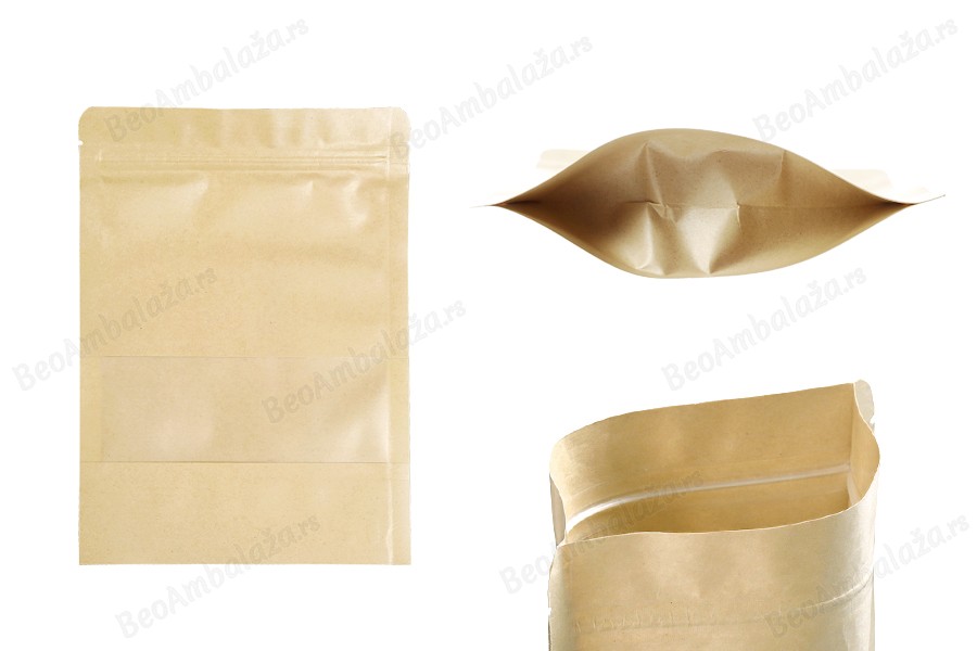 Kraft DoyPack kesice 160x40x220mm sa zip zatvaranjem i prozorom, unutrašnjom i spoljašnjom providnom oblogom, ovalnim dnom i sa mogućnošću termo zatvaranja – 100kom-slika_proizvoda