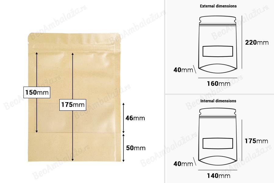 Kraft DoyPack kesice 160x40x220mm sa zip zatvaranjem i prozorom, unutrašnjom i spoljašnjom providnom oblogom, ovalnim dnom i sa mogućnošću termo zatvaranja – 100kom-dimenzije_slike