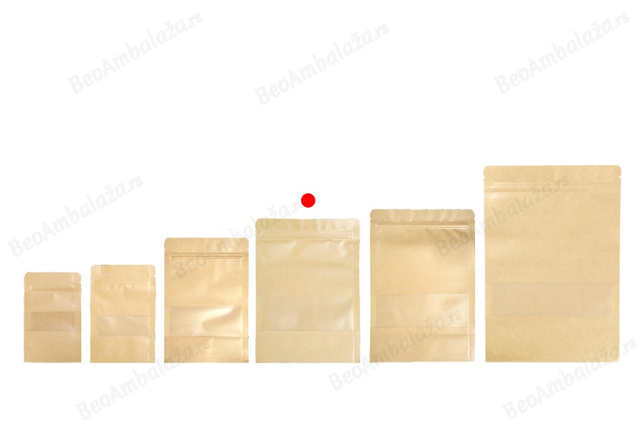 Kraft DoyPack kesice 160x40x220mm sa zip zatvaranjem i prozorom, unutrašnjom i spoljašnjom providnom oblogom, ovalnim dnom i sa mogućnošću termo zatvaranja – 100kom-grupa_slika