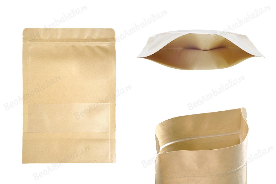 Kraft DoyPack kesice 170x40x240mm sa zip zatvaranjem i prozorom, unutrašnjom i spoljašnjom providnom oblogom, ovalnim dnom i sa mogućnošću termo zatvaranja – 100kom-slika_proizvoda