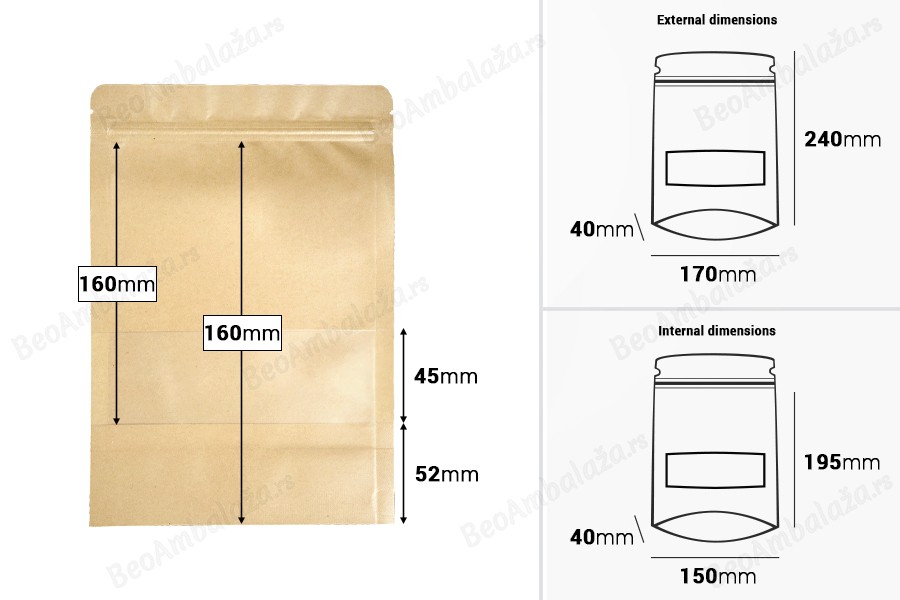 Kraft DoyPack kesice 170x40x240mm sa zip zatvaranjem i prozorom, unutrašnjom i spoljašnjom providnom oblogom, ovalnim dnom i sa mogućnošću termo zatvaranja – 100kom-dimenzije_slike