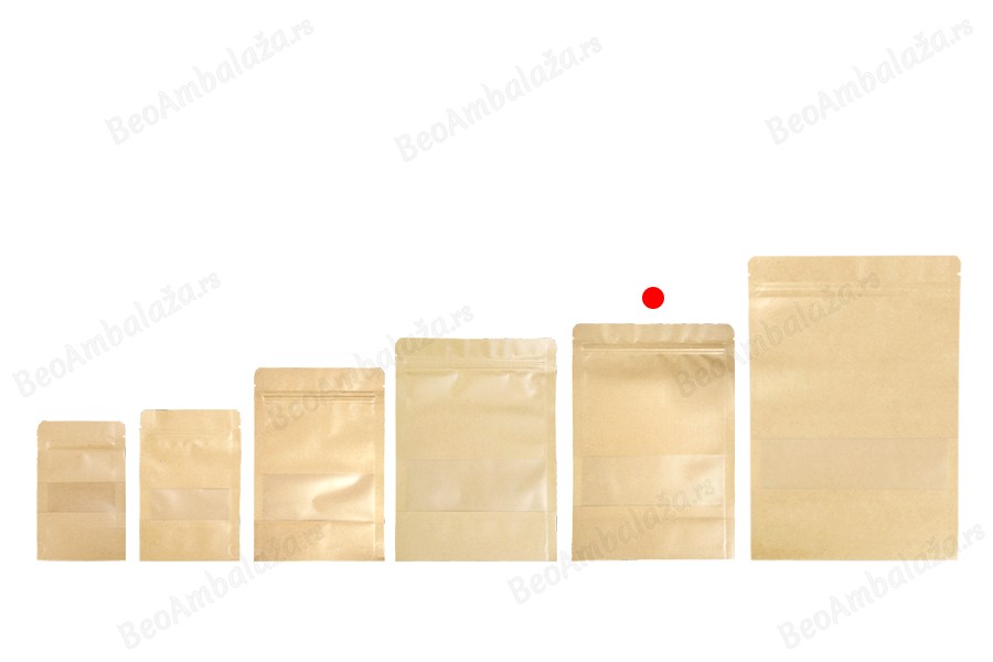 Kraft DoyPack kesice 170x40x240mm sa zip zatvaranjem i prozorom, unutrašnjom i spoljašnjom providnom oblogom, ovalnim dnom i sa mogućnošću termo zatvaranja – 100kom-grupa_slika