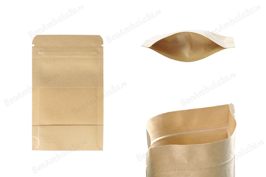Kraft DoyPack kesice sa zip zatvaranjem i prozorom  80x30x130mm , unutrašnjom i spoljašnjom providnom oblogom, ovalnim dnom i sa mogućnošću termo zatvaranja– 100kom-slika_proizvoda