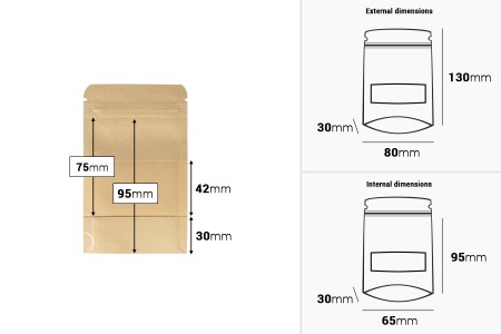 Kraft DoyPack kesice sa zip zatvaranjem i prozorom  80x30x130mm , unutrašnjom i spoljašnjom providnom oblogom, ovalnim dnom i sa mogućnošću termo zatvaranja– 100kom-dimenzije_slike