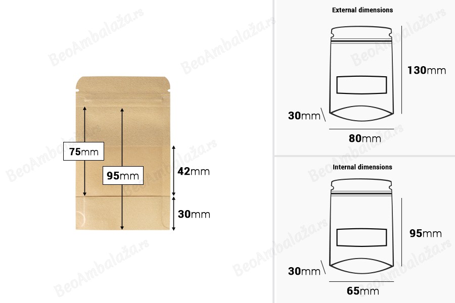Kraft DoyPack kesice sa zip zatvaranjem i prozorom  80x30x130mm , unutrašnjom i spoljašnjom providnom oblogom, ovalnim dnom i sa mogućnošću termo zatvaranja– 100kom-dimenzije_slike