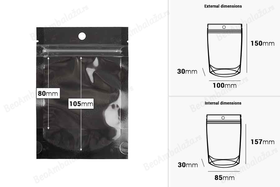 Aluminijumske DoyPack kesice sa zipom, crnom zadnjom i transparentnom prednjom stranom, ovalnim dnom i sa mogućnošću termo zatvaranja 100x30x150mm - 100kom-dimenzije_slike
