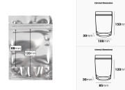 Aluminijumske DoyPack kesice 100x30x150mm sa zipom, transparentnom prednjom stranom, ovalnim dnom i sa mogućnošću termo zatvaranja – 100kom-dimenzije_slike