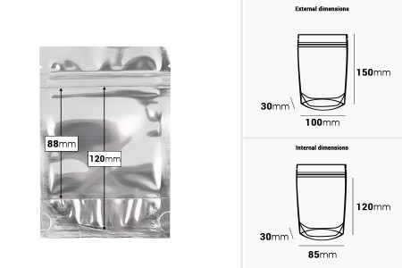 Aluminijumske DoyPack kesice 100x30x150mm sa zipom, transparentnom prednjom stranom, ovalnim dnom i sa mogućnošću termo zatvaranja – 100kom-dimenzije_slike