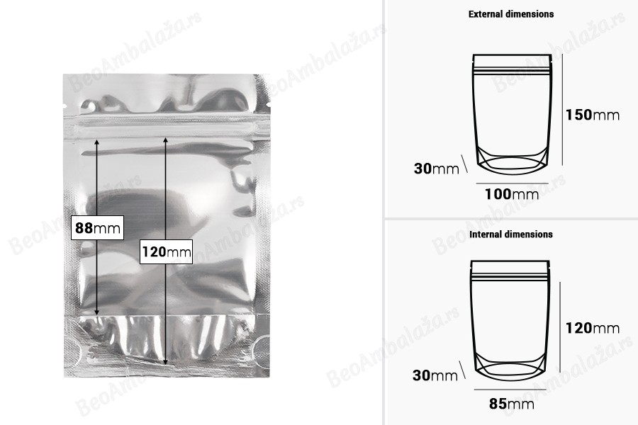 Aluminijumske DoyPack kesice 100x30x150mm sa zipom, transparentnom prednjom stranom, ovalnim dnom i sa mogućnošću termo zatvaranja – 100kom-dimenzije_slike