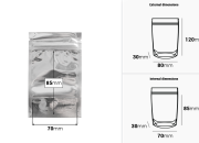 Aluminijumske DoyPack kesice sa zipom, transparentnom prednjom stranom, ovalnim dnom i sa mogućnošću termo zatvaranja 80x30x120mm - 100kom-dimenzije_slike