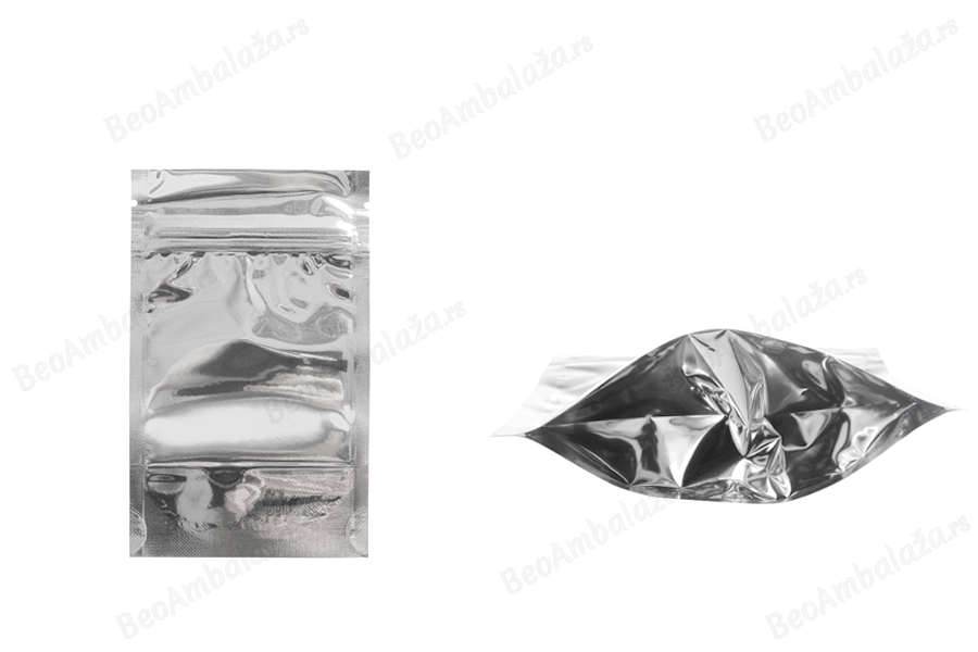Aluminijumske DoyPack kesice sa zipom, transparentnom prednjom stranom, ovalnim dnom i sa mogućnošću termo zatvaranja 90x30x135 mm - 100 kom-slika_proizvoda