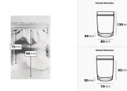 Aluminijumske DoyPack kesice 80x30x130mm sa zipom, transparentnom prednjom stranom, ovalnim dnom i sa mogućnošću termo zatvaranja – 100kom-dimenzije_slike