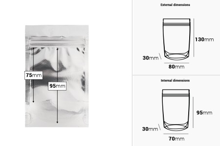 Aluminijumske DoyPack kesice 80x30x130mm sa zipom, transparentnom prednjom stranom, ovalnim dnom i sa mogućnošću termo zatvaranja – 100kom-dimenzije_slike