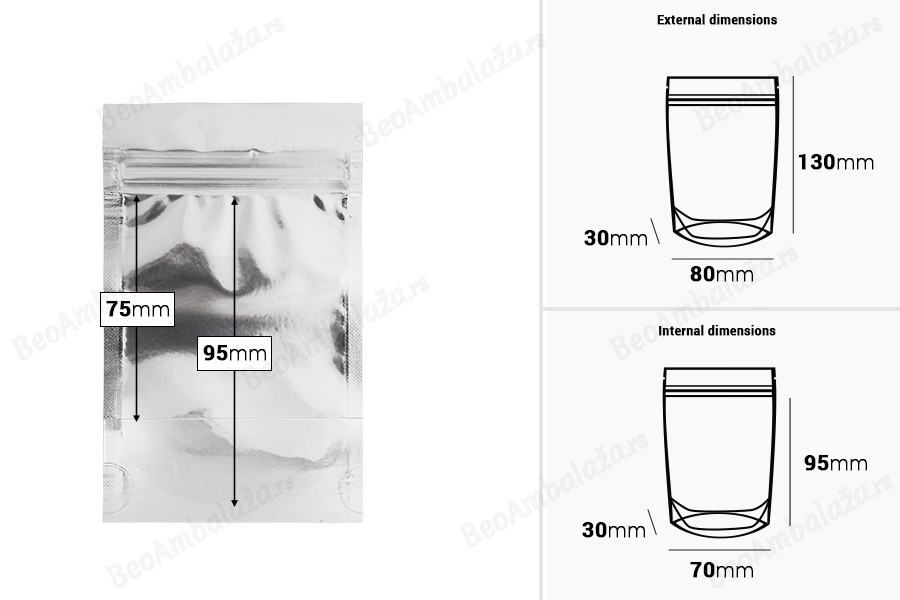Aluminijumske DoyPack kesice 80x30x130mm sa zipom, transparentnom prednjom stranom, ovalnim dnom i sa mogućnošću termo zatvaranja – 100kom-dimenzije_slike
