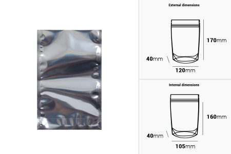 Aluminijumske DoyPack kesice 120x40x170 mm sa providnom prednjom stranom i ovalnim dnom, na termo zatvaranje - 100 kom-dimenzije_slike