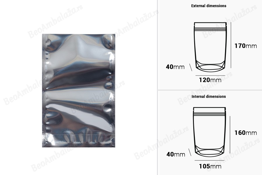 Aluminijumske DoyPack kesice 120x40x170 mm sa providnom prednjom stranom i ovalnim dnom, na termo zatvaranje - 100 kom-dimenzije_slike