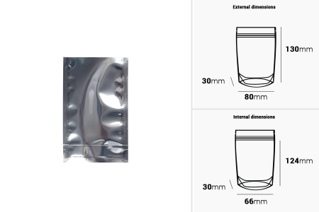 Aluminijumske DoyPack kesice 80x30x130 mm sa providnom prednjom stranom i ovalnim dnom, na termo zatvaranje - 100 kom-dimenzije_slike