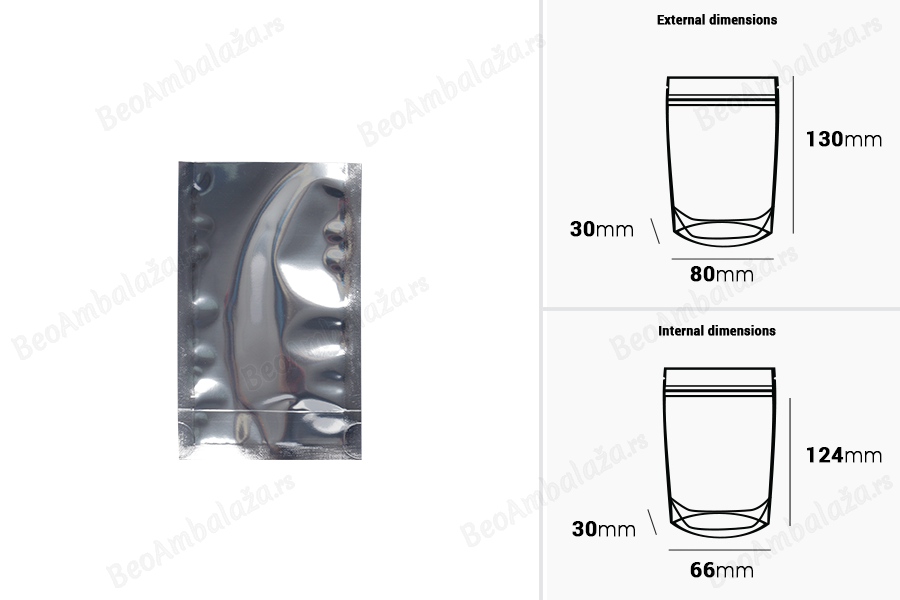 Aluminijumske DoyPack kesice 80x30x130 mm sa providnom prednjom stranom i ovalnim dnom, na termo zatvaranje - 100 kom-dimenzije_slike