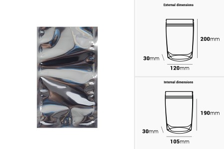 Aluminijumske DoyPack kesice 120x30x200 mm sa providnom prednjom stranom i ovalnim dnom, na termo zatvaranje - 100 kom-dimenzije_slike