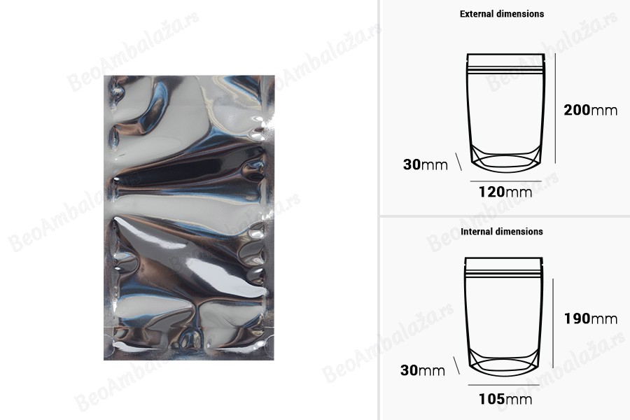 Aluminijumske DoyPack kesice 120x30x200 mm sa providnom prednjom stranom i ovalnim dnom, na termo zatvaranje - 100 kom-dimenzije_slike