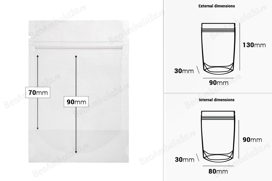Providne DoyPack kesice sa zip zatvaranjem, ovalnim dnom i sa mogućnošću termo zatvaranja 90x30x130mm - 100 kom-dimenzije_slike