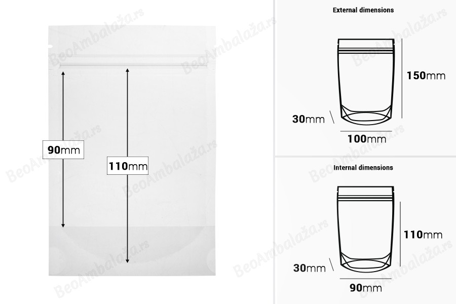 Providne DoyPack kesice sa zip zatvaranjem, ovalnim dnom i sa mogućnošću termo zatvaranja 100x30x150mm - 100 kom-dimenzije_slike