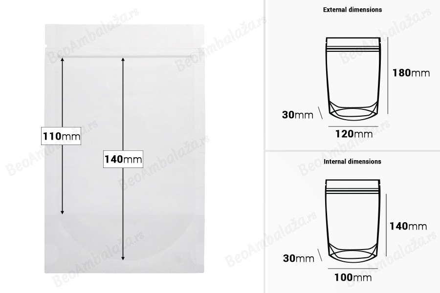 Providne DoyPack kesice sa zip zatvaranjem, ovalnim dnom i sa mogućnošću termo zatvaranja 120x30x180mm - 100 kom-dimenzije_slike
