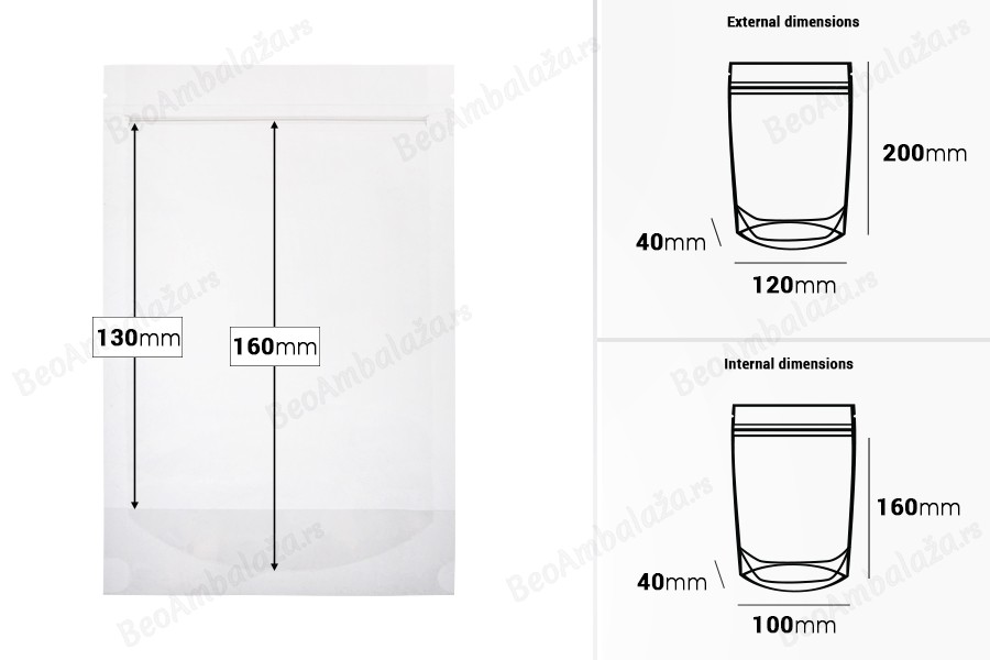Providne DoyPack kesice sa zip zatvaranjem, ovalnim dnom i sa mogućnošću termo zatvaranja 120x40x200mm - 100 kom-dimenzije_slike