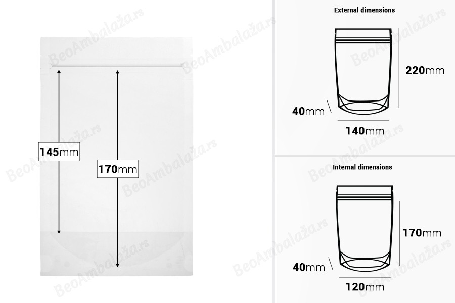 Providne DoyPack kesice sa zip zatvaranjem, ovalnim dnom i sa mogućnošću termo zatvaranja 140x40x220mm - 100 kom-dimenzije_slike