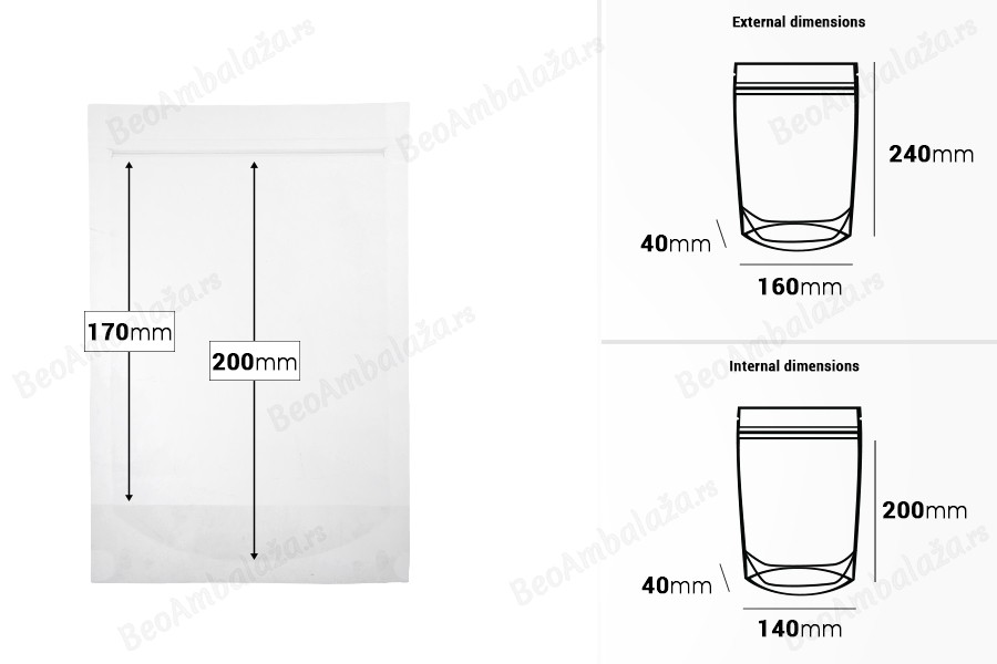 Providne DoyPack kesice sa zip zatvaranjem, ovalnim dnom i sa mogućnošću termo zatvaranja 160x40x240mm - 100 kom-dimenzije_slike