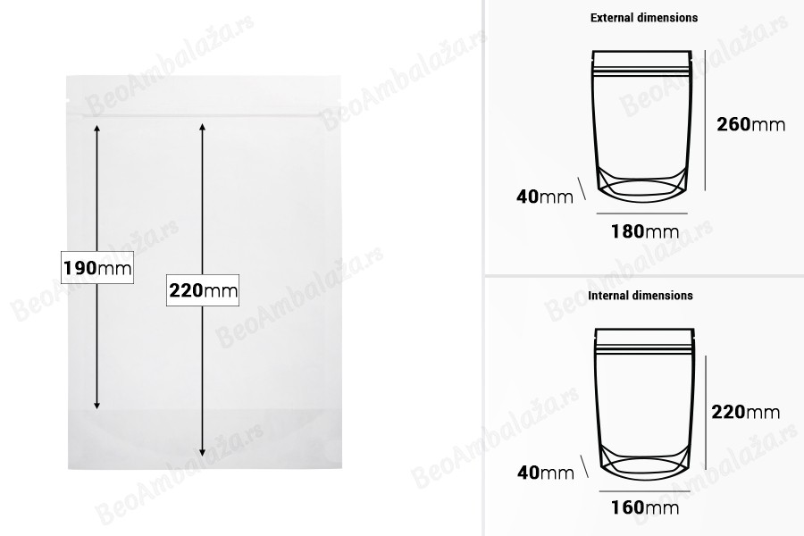 Providne DoyPack kesice sa zip zatvaranjem, ovalnim dnom i sa mogućnošću termo zatvaranja 180x40x260mm - 100 kom-dimenzije_slike