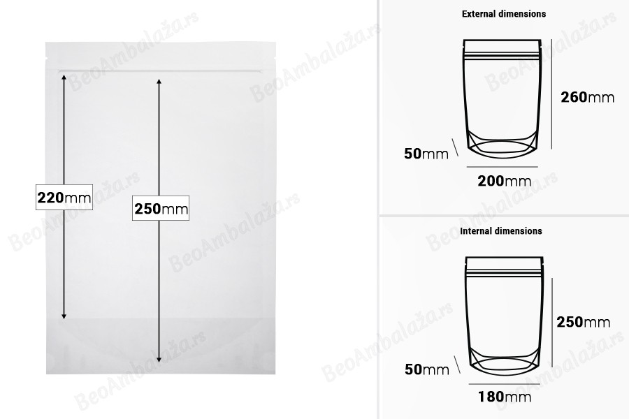 Providne DoyPack kesice sa zip zatvaranjem, ovalnim dnom i sa mogućnošću termo zatvaranja 200x50x295mm - 100 kom-dimenzije_slike