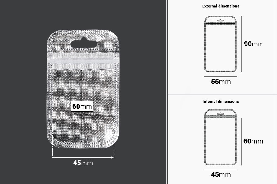Kesica 55x90mm sa zip zatvaranjem, srebrnom non woven zadnjom i providnom prednjom stranom i sa Eurohole otvorom - 100 kom-dimenzije_slike
