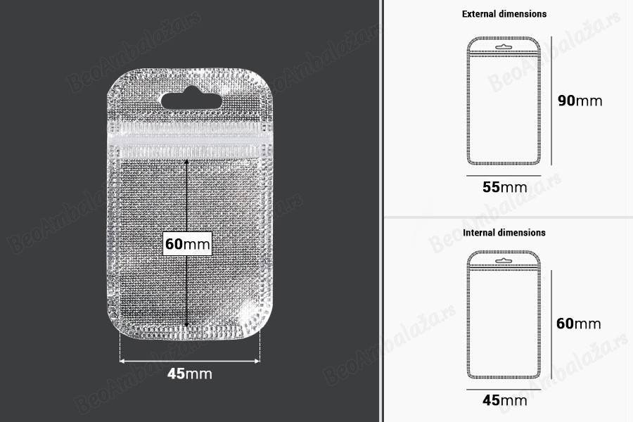 Kesica 55x90mm sa zip zatvaranjem, srebrnom non woven zadnjom i providnom prednjom stranom i sa Eurohole otvorom - 100 kom-dimenzije_slike
