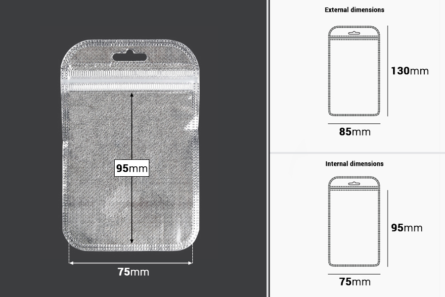 Kesica 85x130mm sa zip zatvaranjem, srebrnom non woven zadnjom i providnom prednjom stranom i sa Eurohole otvorom - 100 kom-dimenzije_slike