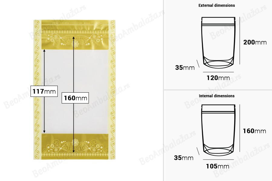 Providna DoyPack kesica sa zip zatvaranjem, zlatnim detaljima i sa mogućnošću termo lepljenja 120x35x200mm – 50kom-dimenzije_slike