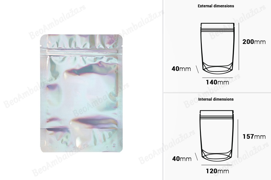Aluminijumske DoyPack kesice sa zipom, ovalnim dnom i sa mogućnošću termo zatvaranja 140x40x200mm – 50kom-dimenzije_slike