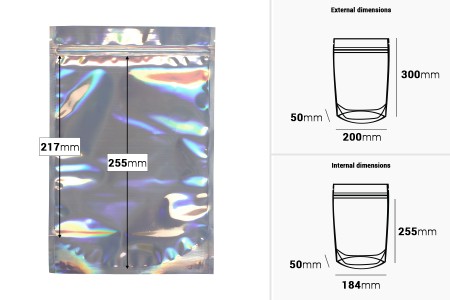 Aluminijumske DoyPack kesice sa zipom 200x50x300 mm, transparentnom prednjom stranom, ovalnim dnom i sa mogućnošću termo zatvaranja  – 50kom-dimenzije_slike