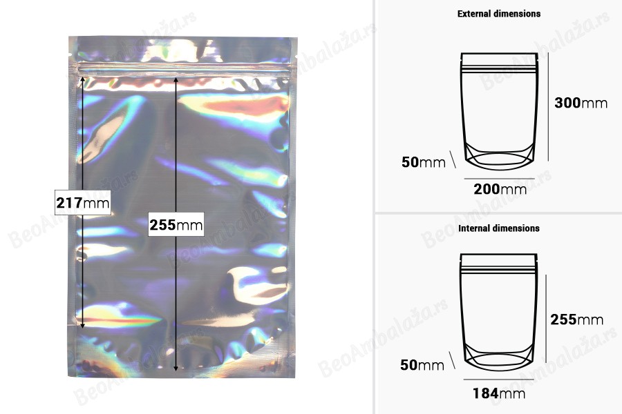 Aluminijumske DoyPack kesice sa zipom 200x50x300 mm, transparentnom prednjom stranom, ovalnim dnom i sa mogućnošću termo zatvaranja  – 50kom-dimenzije_slike