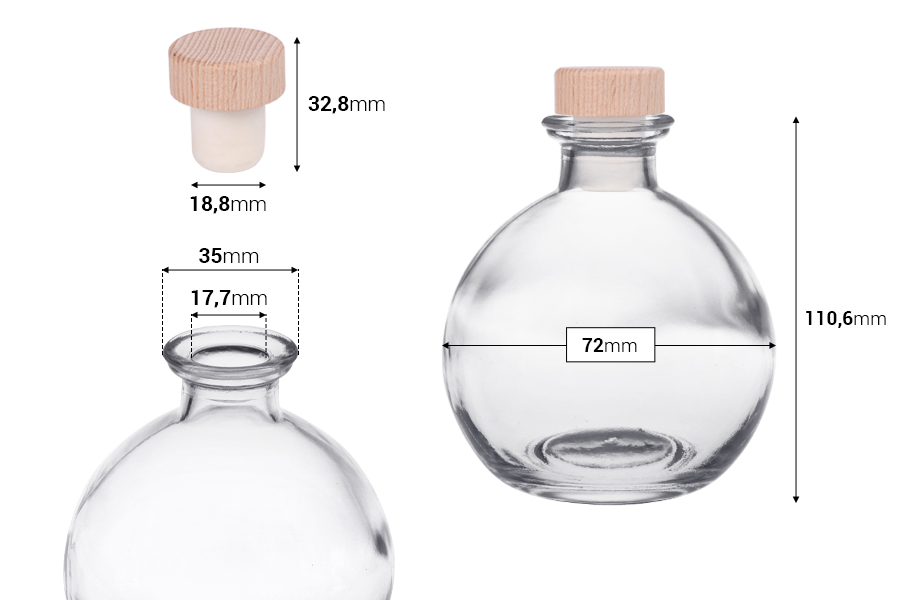 Providna staklena flaša 250mL sa silikonskim čepom sa drvenom glavom-dimenzije_slike