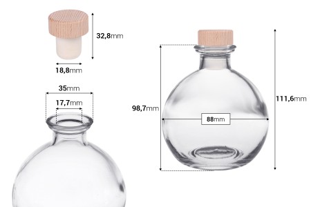Providna staklena flaša 250mL sa silikonskim čepom sa drvenom glavom-dimenzije_slike