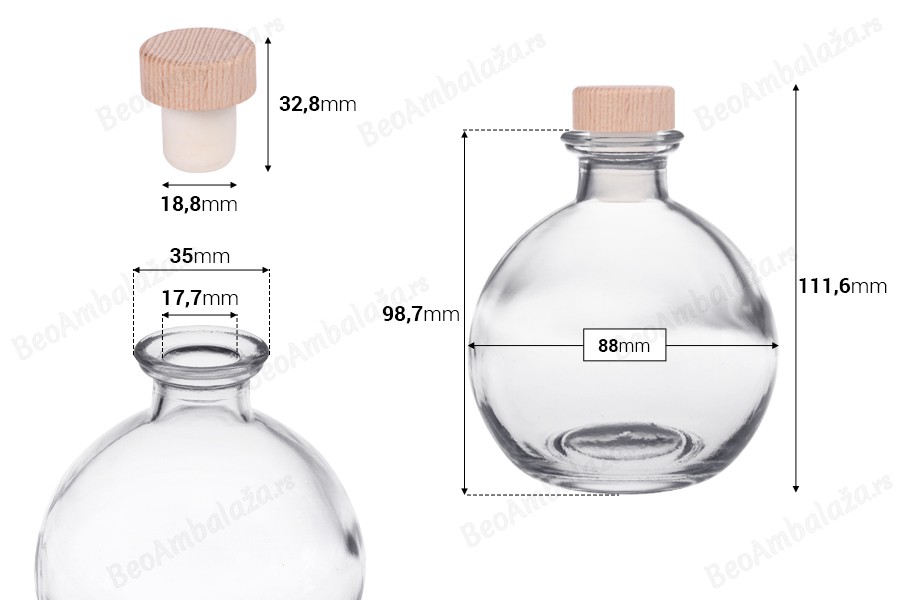 Providna staklena flaša 250mL sa silikonskim čepom sa drvenom glavom-dimenzije_slike