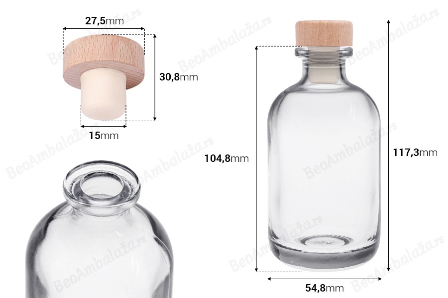 Providna staklena flašica od 100mL sa silikonskim čepom sa drvenom glavom-dimenzije_slike