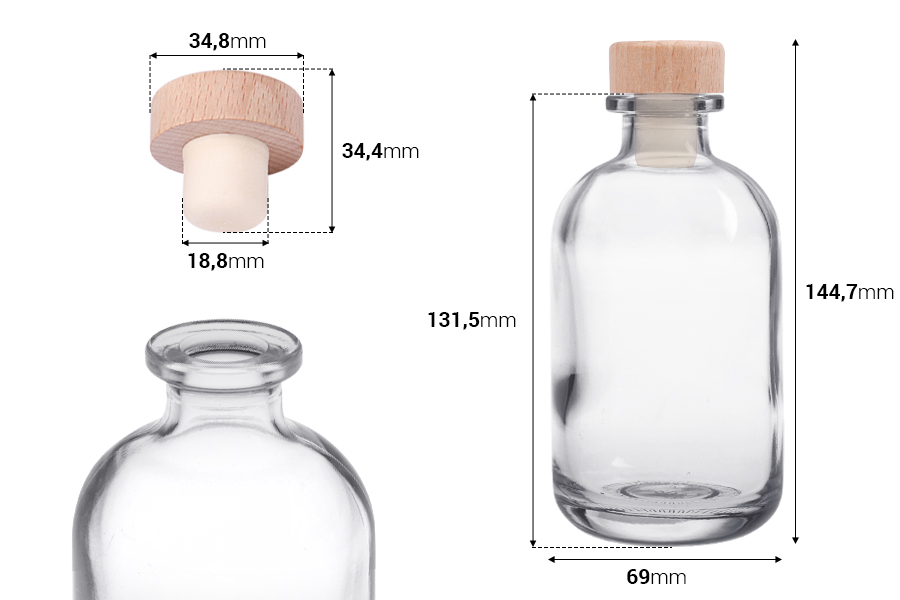 Providna staklena flašica od 250mL sa silikonskim čepom sa drvenom glavom-dimenzije_slike