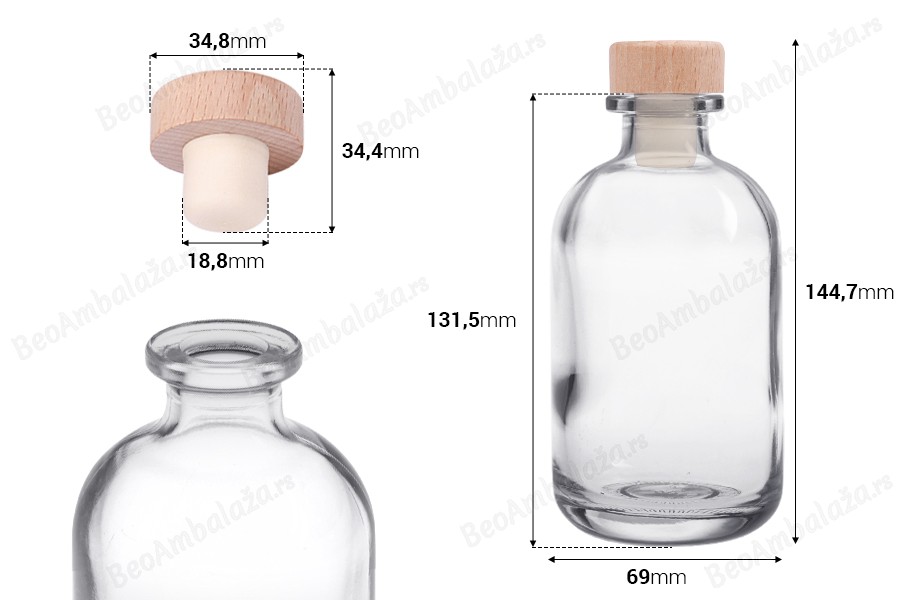Providna staklena flašica od 250mL sa silikonskim čepom sa drvenom glavom-dimenzije_slike